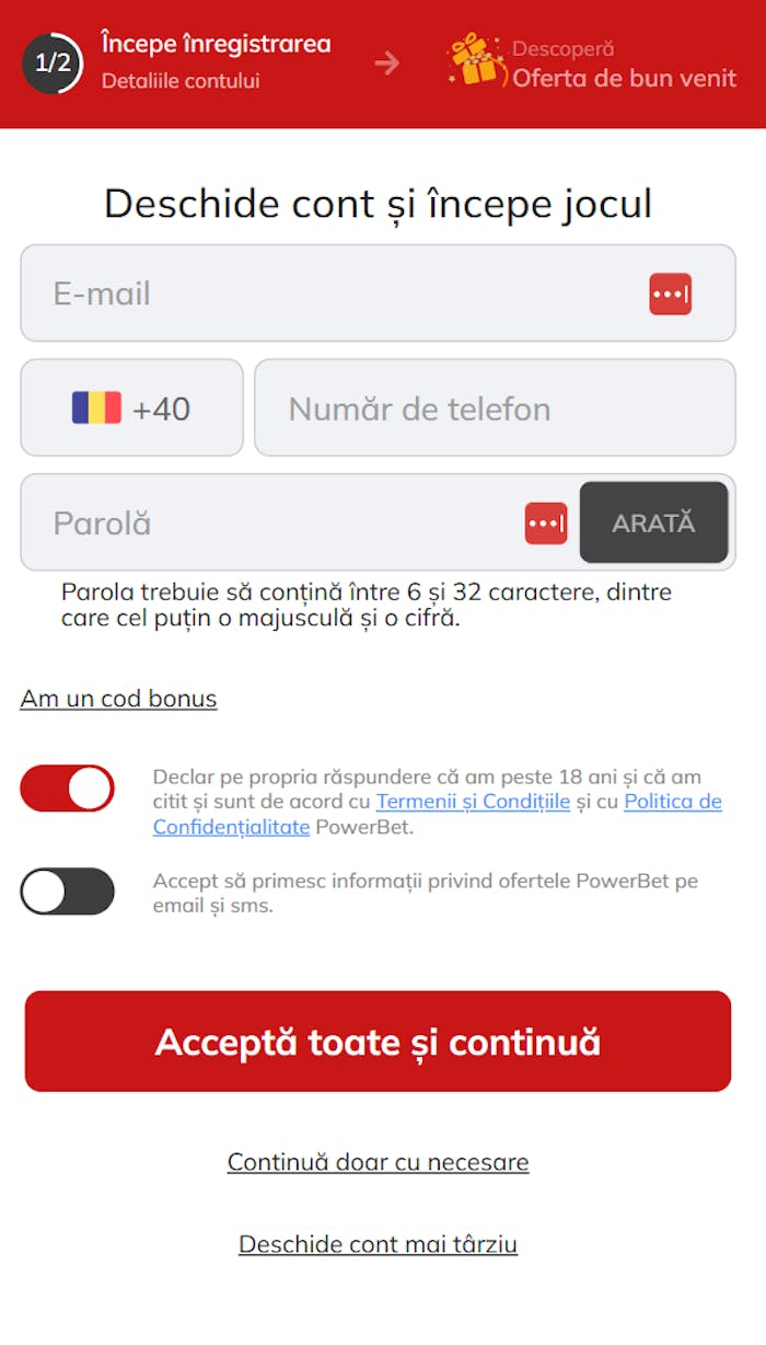 Primele date pe care trebuie să le scrii pentru deschiderea contului Powerbet online de la e-mail la parolă.