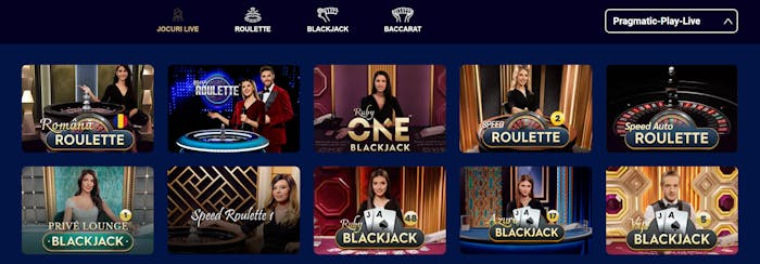 Jocuri de live casino oferite de Pragmatic Play.