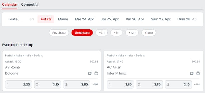 imagine reprezentativa cu un pariu de tip-premeci, eveniment pe care poti paria inainte de inceperea meciului. captura de ecran a fost realizata pe Superbet unde vei vedea și tipurile de cote si pariuri disponibile pentru evenimentele de tip pre-meci