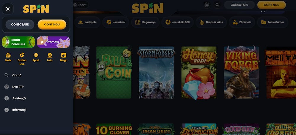 Prezentare generală Spin Casino cu meniuri și pagini.