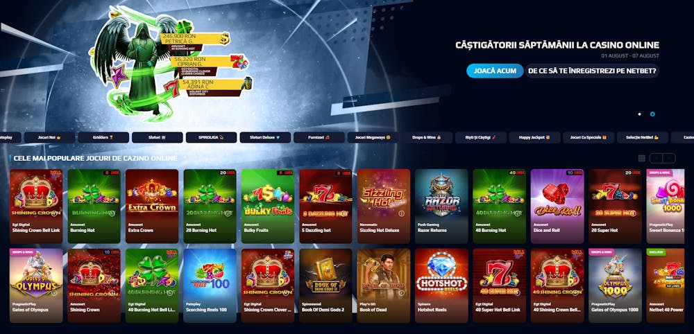 Imagine reprezentativă a cazinoului Netbet pareri în care sunt afișate câștigătorii zilei sau ofertele exclusive precum și selecția de jocuri populare a cazinoului.