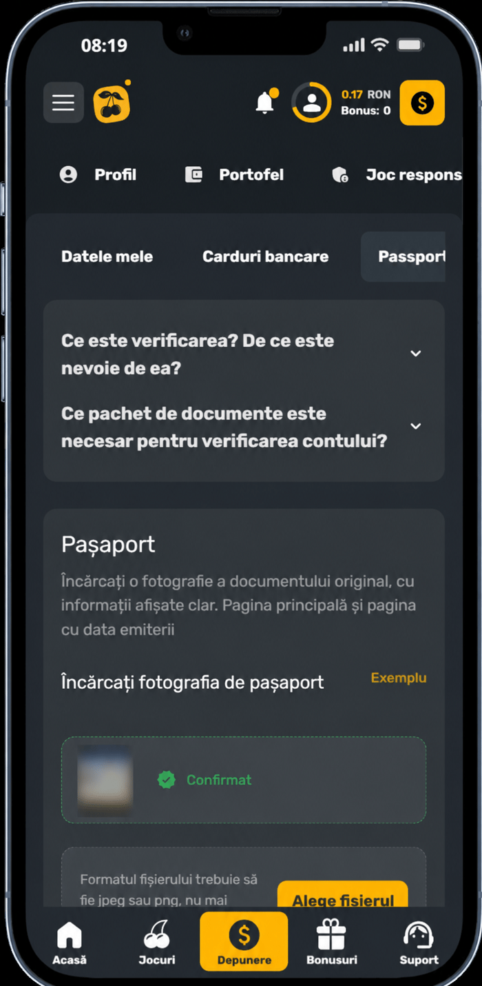 Exemplu de cont verificat pe Prima Casino în secțiunea de documente.