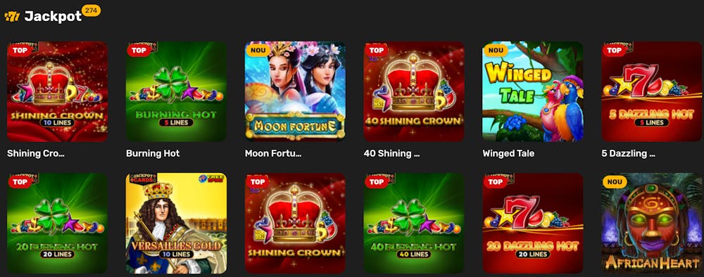 Printre sloturile jackpot se numără și Shining Crown și Burning Hot. 