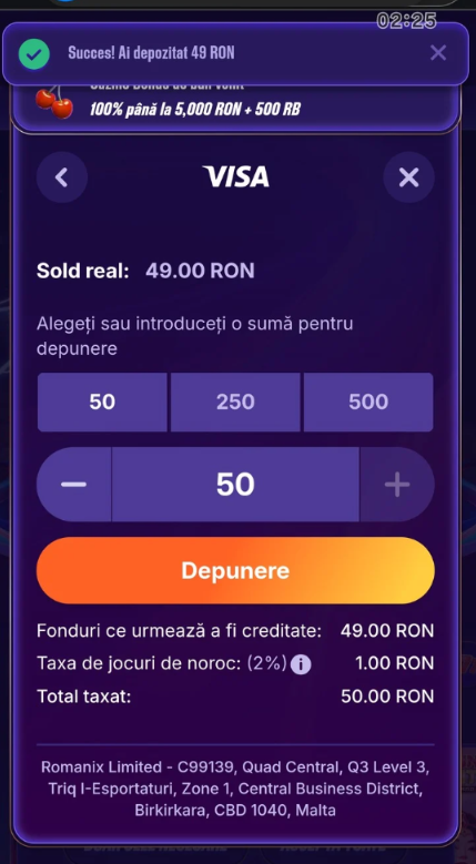 Confirmarea unei depuneri reușite de 50 RON la Zinx Casino, cu reținerea taxei legale de 2%.