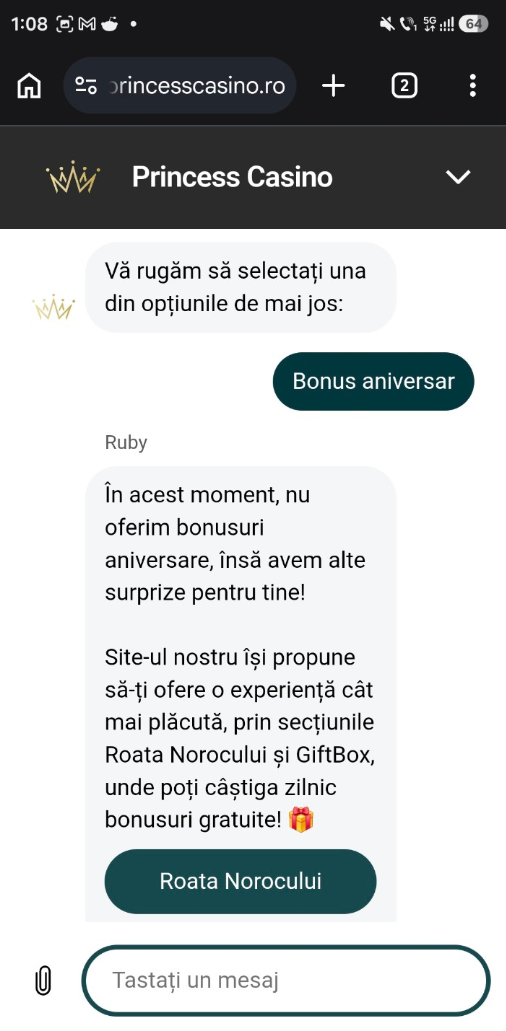 Mesaj în care mi se spune clar că nu dau un bonus aniversar Princess casino.