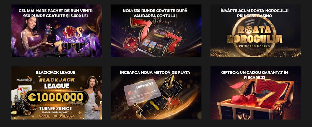 Captură de ecran realizată cu bonusurile disponibile cu rotiri gratuite Princess casino, inclusiv bonusul Princess casino 330 rotiri gratuite și alte oferte.