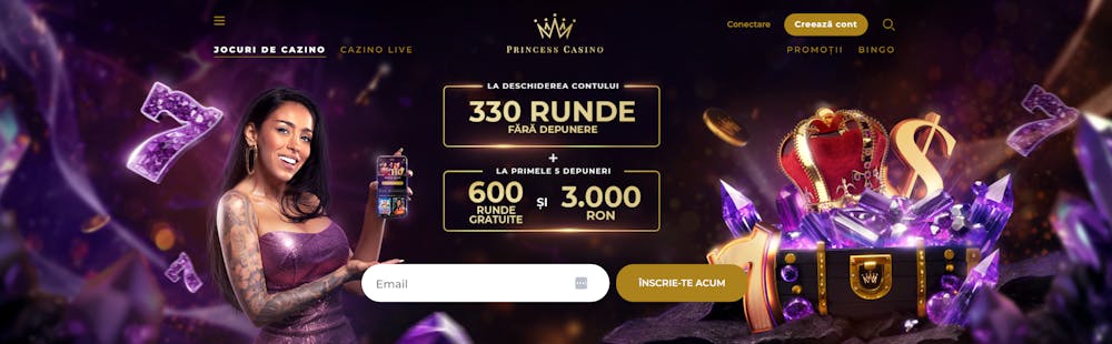 Imagine reprezentativă cu bonusul de bun venit Princess casino pentru primele 5 depuneri de minim 100 RON. Oferta prezentată este de 330 rotiri gratuite fără depunere, la verificare, 600 de runde și maxim 3.000 RON la depunere.