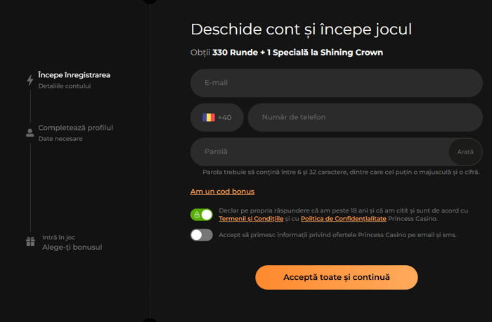 Pasul 2 din formularul de inregistrare Princess
