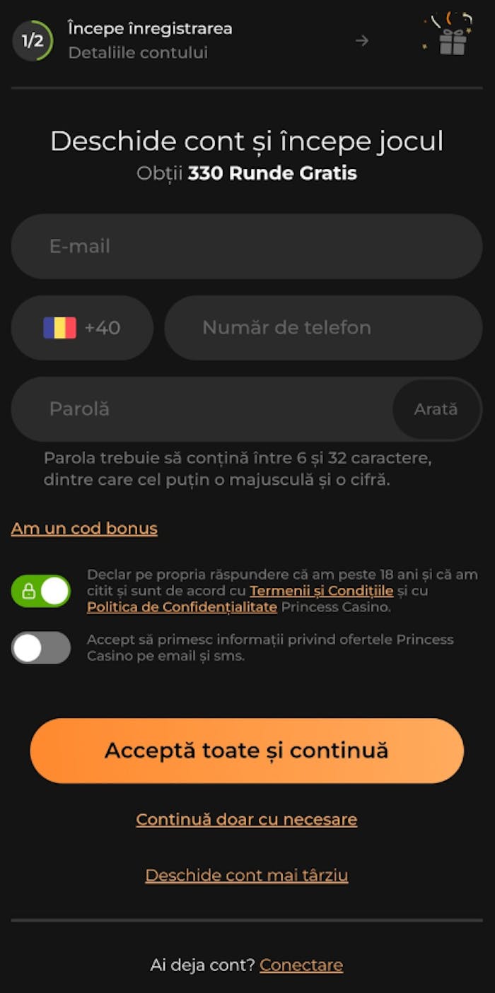 Cum te înregistrezi pe Princess Casino România în primul pas cu e-mail, telefon și parolă.