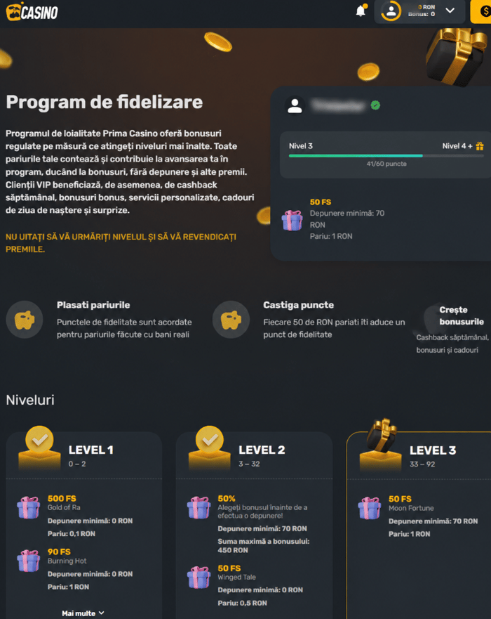 Unde am ajuns în programul de fidelizare Prima Casino.