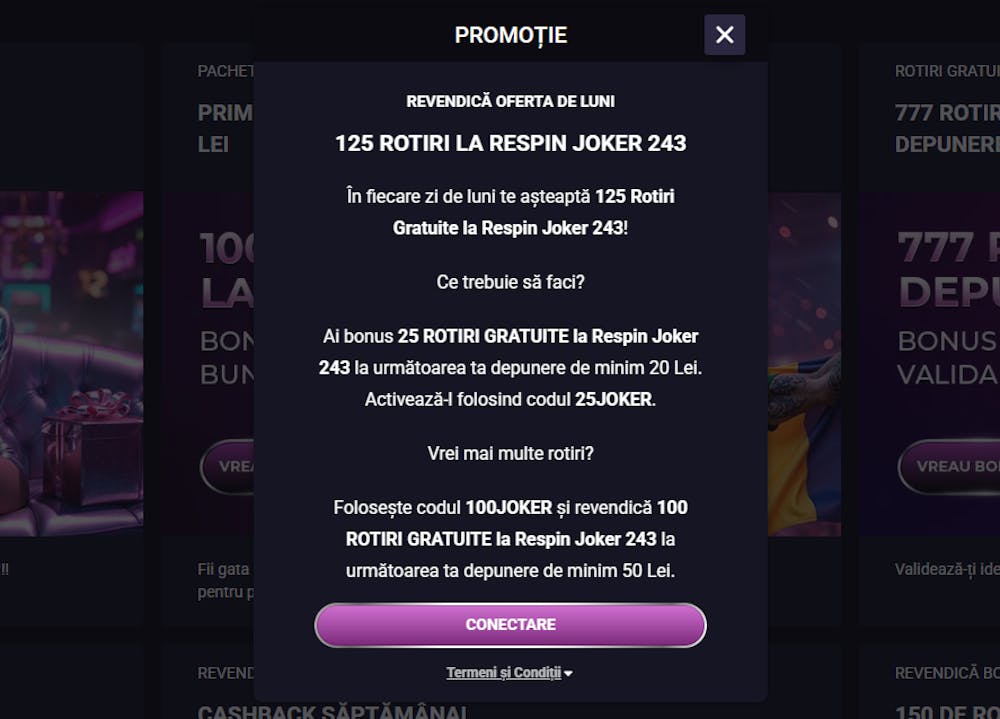 Un exemplu de bonus pentru ziua de luni cand poti castiga 125 rotiri gratuite.