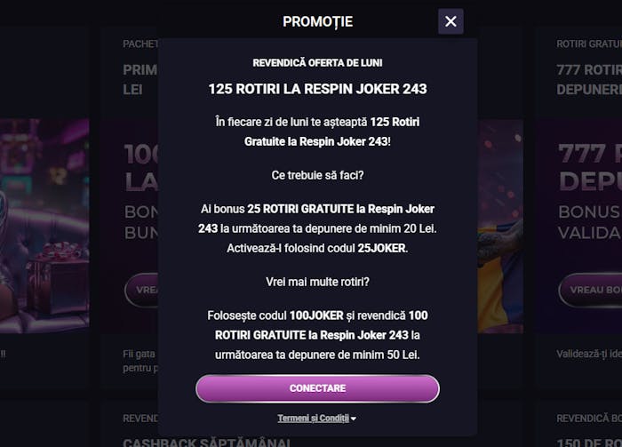 Un exemplu de bonus pentru ziua de luni cand poti castiga 125 rotiri gratuite.