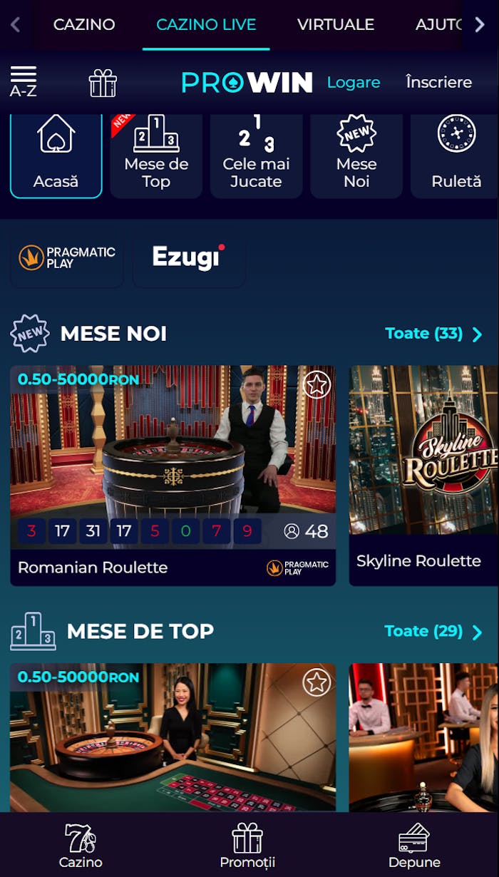 Pagina cazinoului live de la Prowin Casino are categorii pentru o navigare mai ușoară.