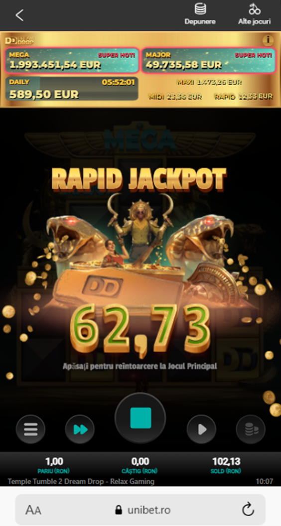 Câștig la păcănele cu jackpot de la cazino Unibet.