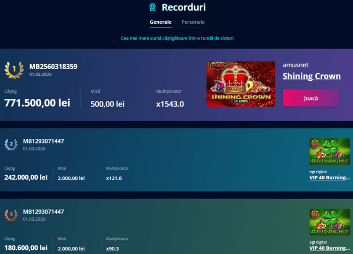 Exemplu record din cazinouri online care plătesc pe Mr Bit la o singură rotire.