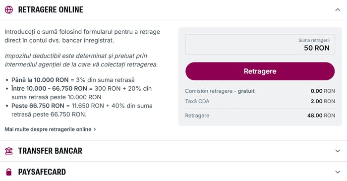 Exemplu de interfață de retragere a fondurilor de la casino.