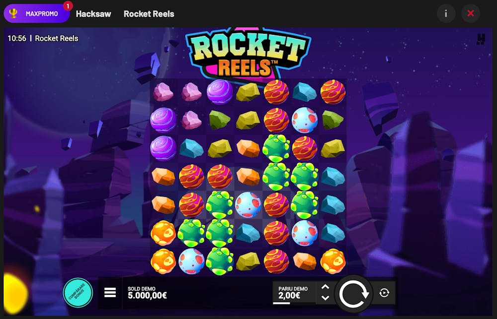 Captură dintr-o sesiune de joc gratuit Rocket Reels la Maxbet casino
