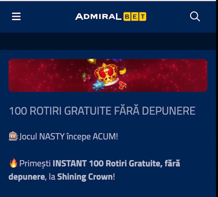 Activează 100 rotiri gratuite fără depunere la Admiral Casino.