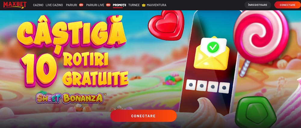 Primul bonus fara rulaj de la Maxbet de 10 rotiri pe care le poți juca la Sweet Bonanza.