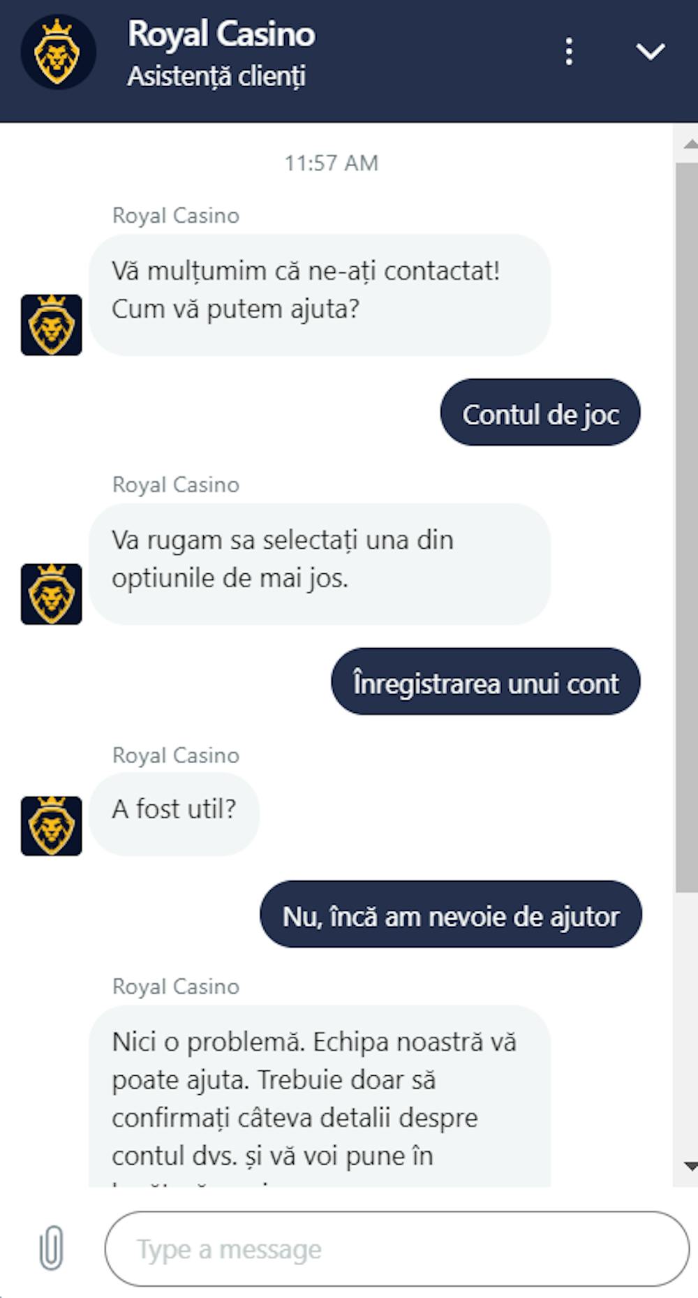 Exemplu de conversație alături de echipa de contact Royal Casino prin live chat.