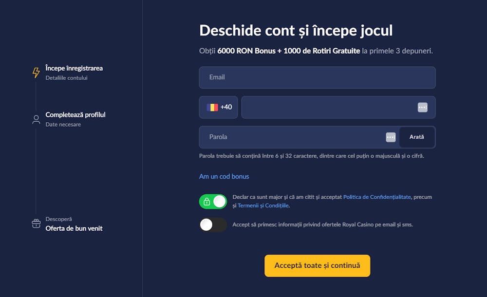 Formular de înregistrare cont pe Royal Casino România în care se vede primul pas de înscriere. Completezi adresa de email, telefonul și parola apoi mergi la pasul următor.