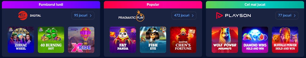 Cei mai populari furnizori de jocuri de la Royal Casino RO: EGT Digital, Pragmatic Play, Playson.