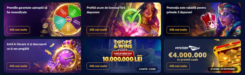 Alte bonusuri și promoții Royal Casino disponibile la realizarea recenziei precum premiile de 4 milioane de euro din Mystery Drop sau rotiri gratuite la Roata Royal casino..