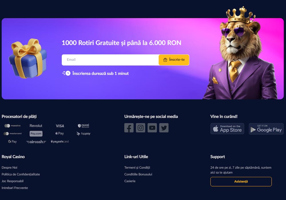 Subsolul paginii cazinoului Royal Casino România cu paginile ajutătoare și link-uri utile pentru jucători.