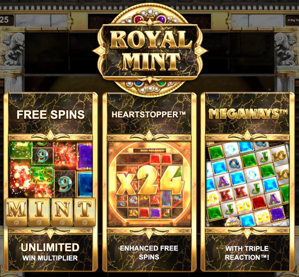 Funcții bonus la slotul Royal Mint Megaways.