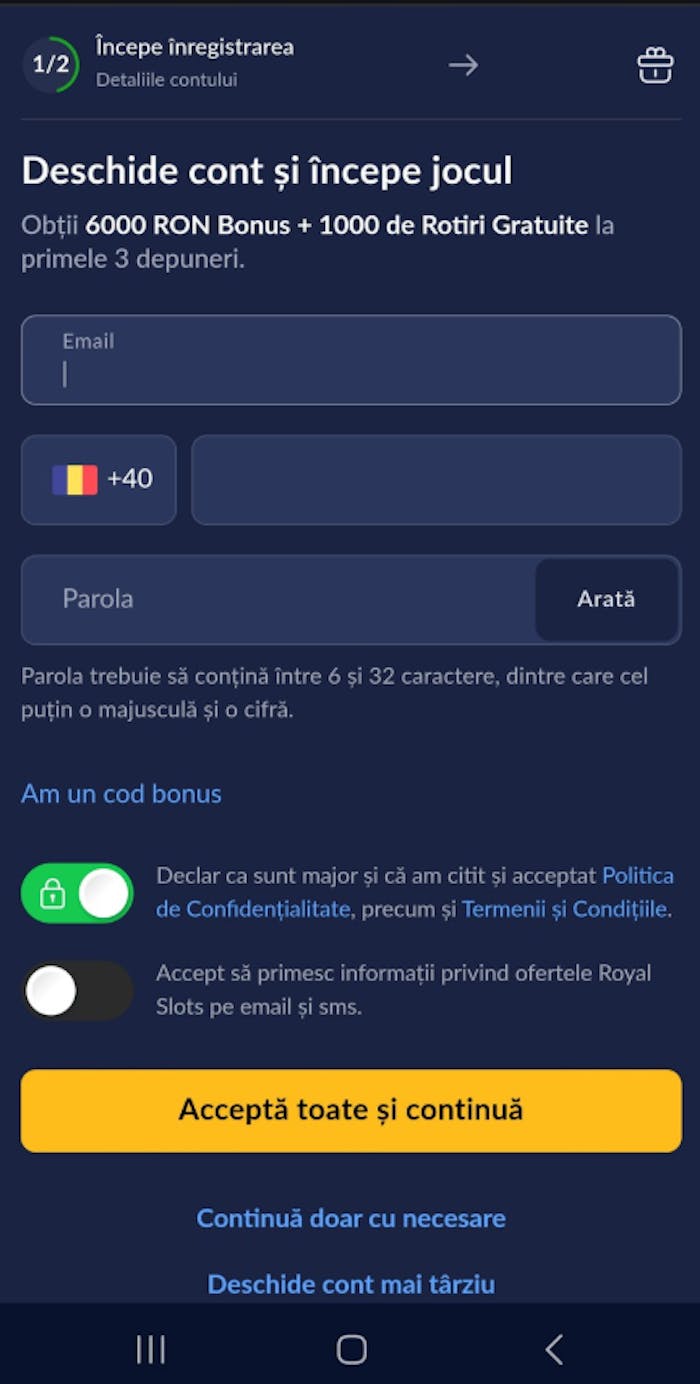 Date din prima parte a formularului de contact de la Royal Slots casino online.