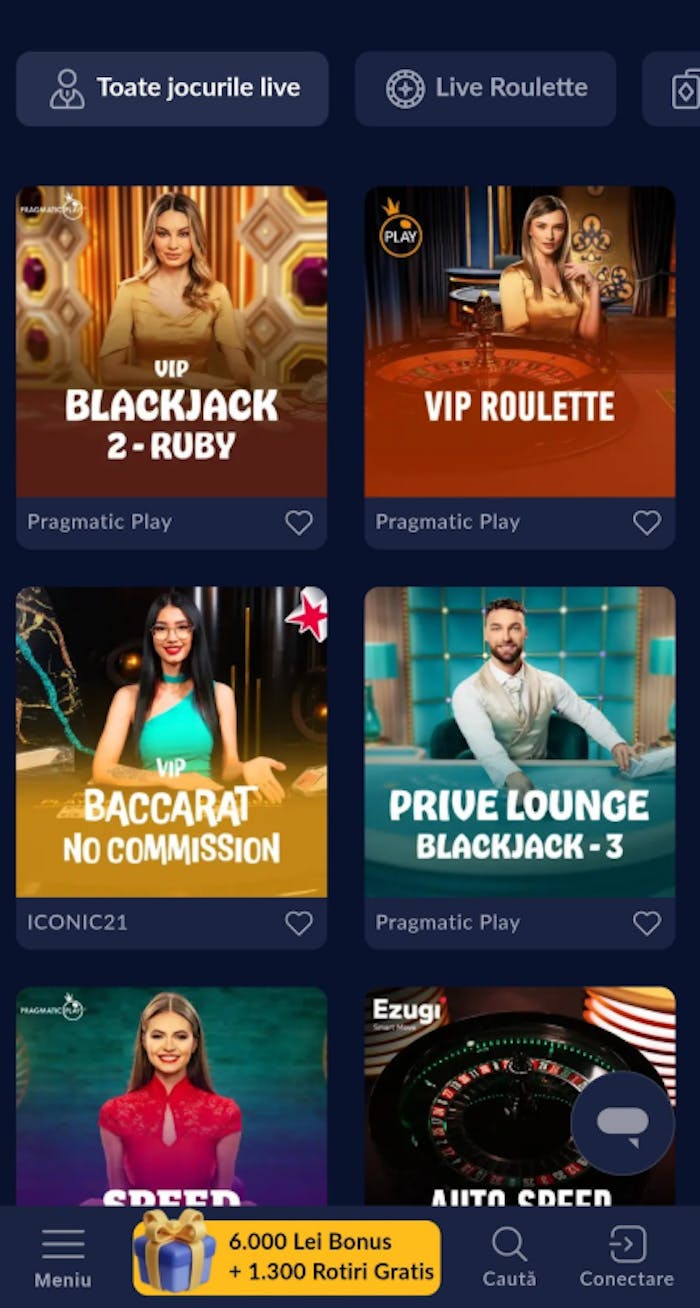 Exemplu de jocuri cu dealeri reali din categoria live Royal Slots pentru baccarat sau blackjack.