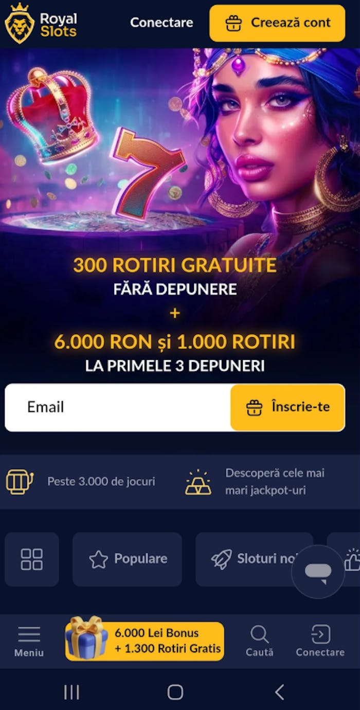 Prima parte din interfața Royal Slots casino. cu oferte și categorii de jocuri.