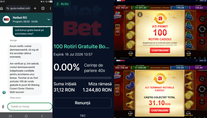 Test rotiri gratuite Netbet cerute de la chat-ul live.