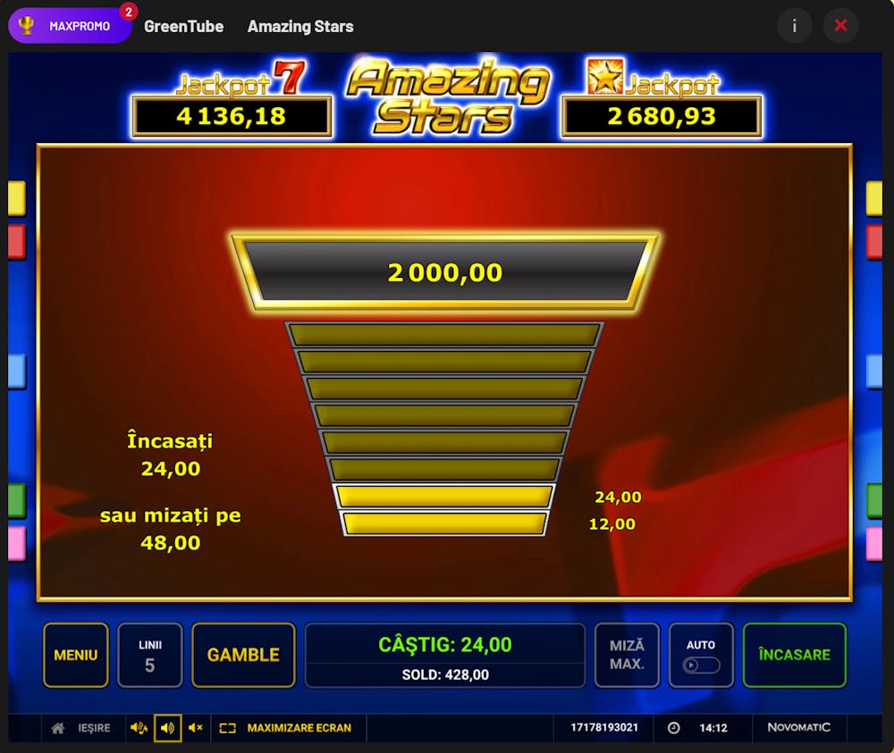 Funcția Gamble a slotului Amazing Stars activă.