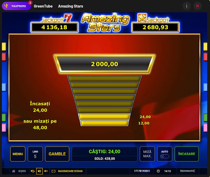 Funcția Gamble a slotului Amazing Stars activă.
