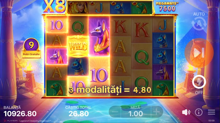 Rundă câștigătoare la Legend of Cleopatra Megaways.