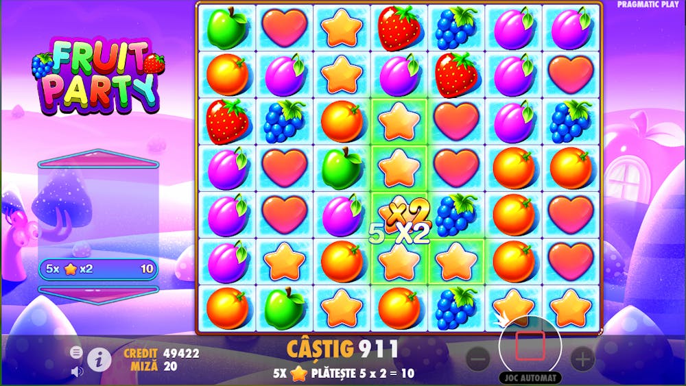 Simboluri scatter și funcții bonus la Fruit Party.