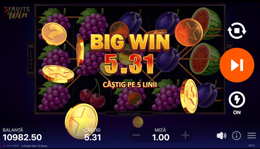 Animația pentru un câștig mare la 3 Fruits Slot.