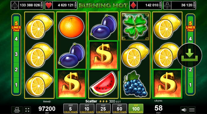 Exemplu cu 3 simboluri scatter din jocul Burning Hot. 3 scattere cu dolari aduc în acest joc un câștig. Rolele sunt animate când apar 3 scattere și plătesc premiul aferent.