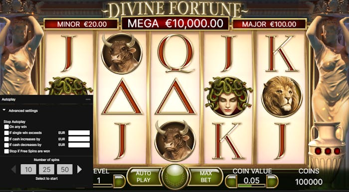 Setările funcției Autoplay la Divine Fortune.