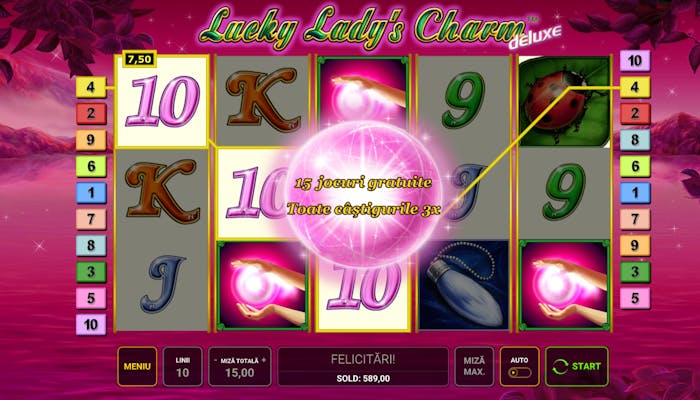 15 rotiri gratuite la Lucky Lady’s Charm Deluxe.