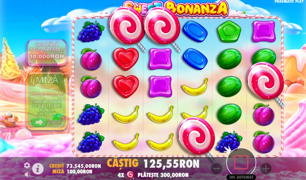 Exemplu de specială într-un joc cu fructe și bomboane, Sweet Bonanza unde, la 4 simboluri Scatter, 4 acadele, declanșezi funcția specială a jocului de 10 rotiri gratuite.