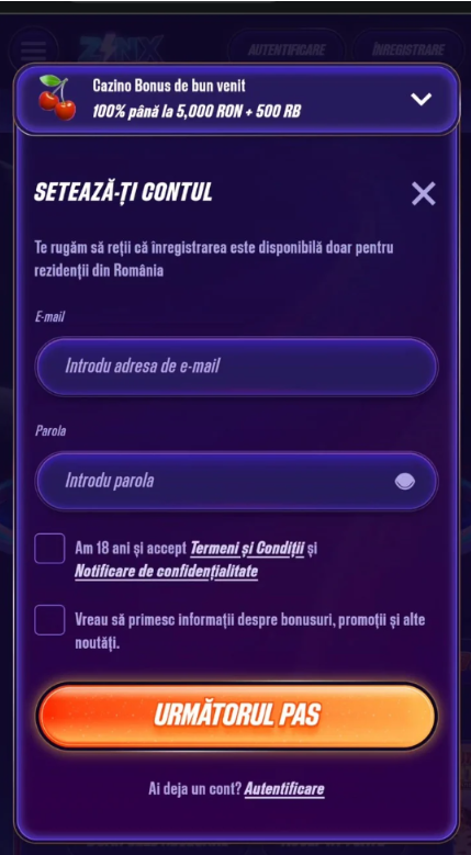 Pasul doi din crearea contului Zinx Casino unde se introduc e-mailul și parola.