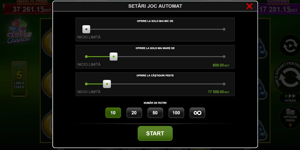 Opțiuni pentru configurarea limitei de câștig în meniul autoplay al slotului Burning Hot Clover Chance.