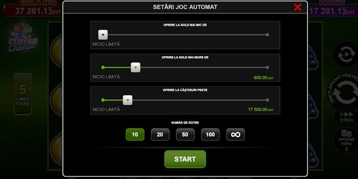 Opțiuni pentru configurarea limitei de câștig în meniul autoplay al slotului Burning Hot Clover Chance.