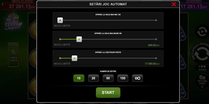 Opțiuni pentru configurarea limitei de câștig în meniul autoplay al slotului Burning Hot Clover Chance.