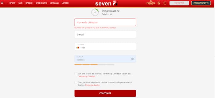 Pagina de înregistrare la Seven casino.