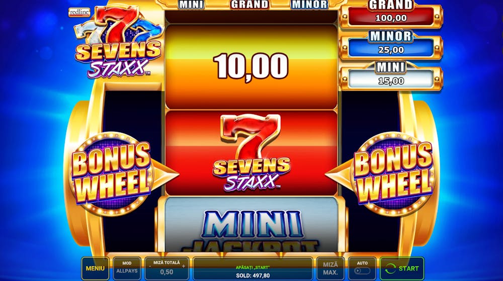 Sevens Staxx DEMO cu jackpot-uri multiple (GRAND, MINOR, MINI). 