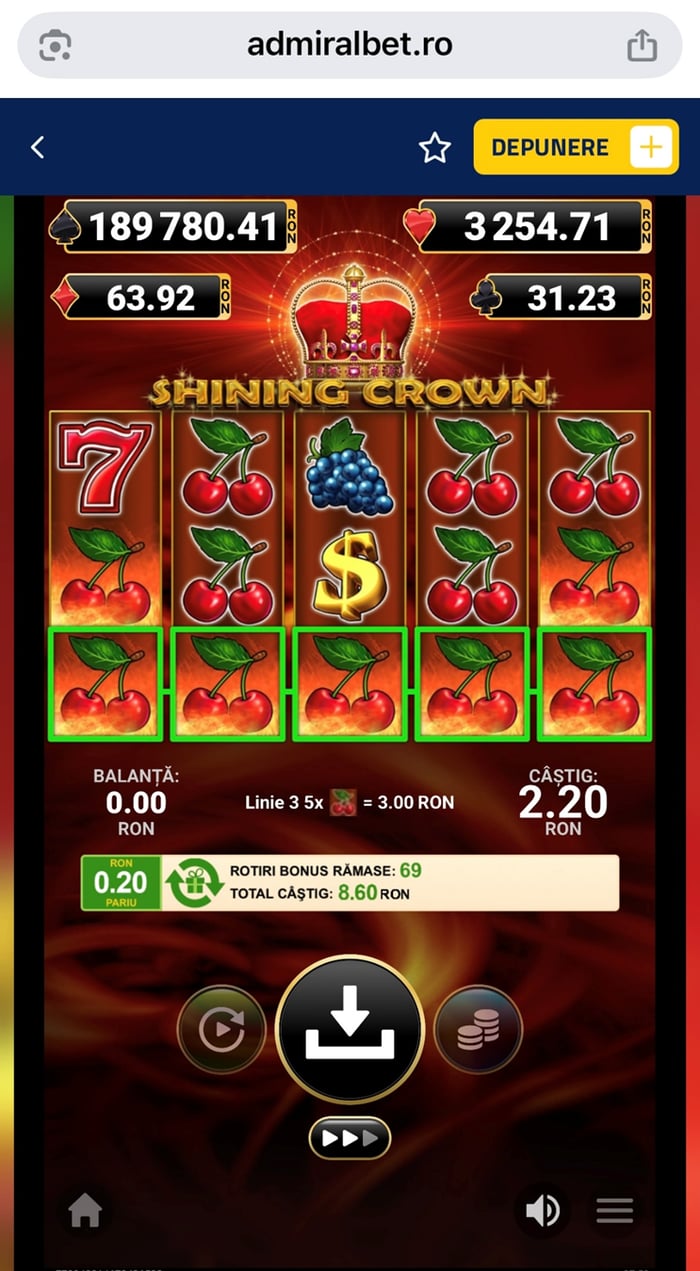 Sesiune de joc Shining Crown la Admiralbet casino.