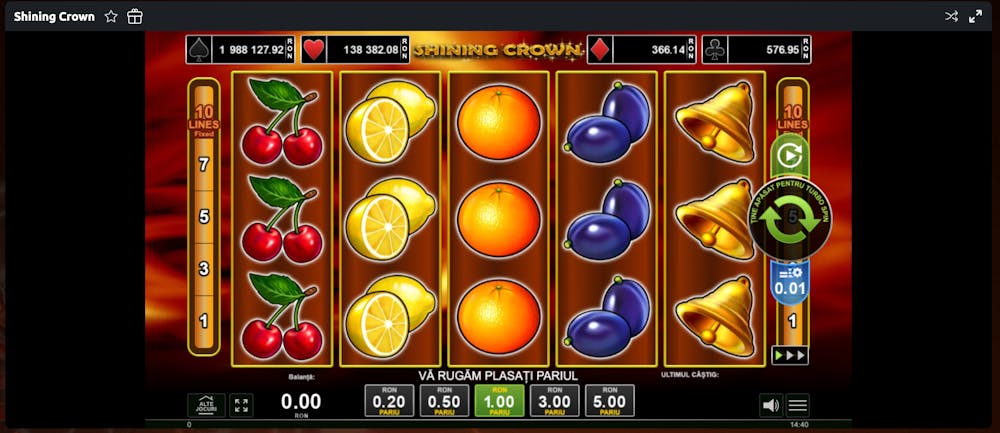 Ecranul de început al slotului Shining Crown pe Betano casino 